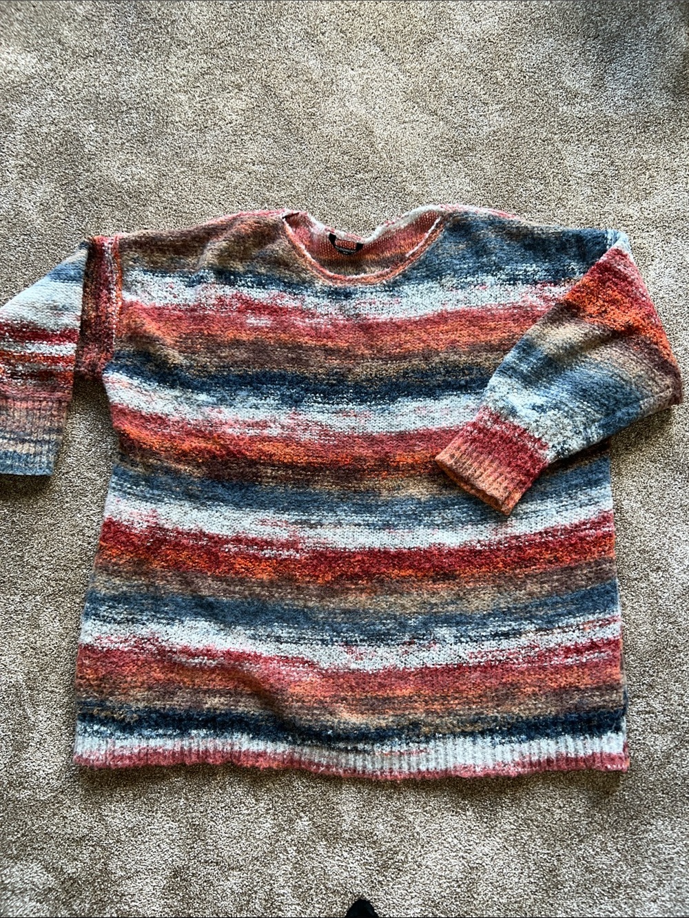 BloomChic Multicolor Striped Crewneck Sweater in Blue, Red, Cream, Tan, Gray